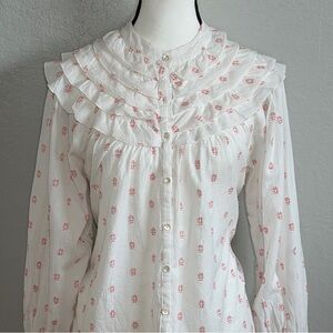 FRNCH Paris White Cotton Ruffle Bib Blouse Red Embroidery Cottagecore Boho M